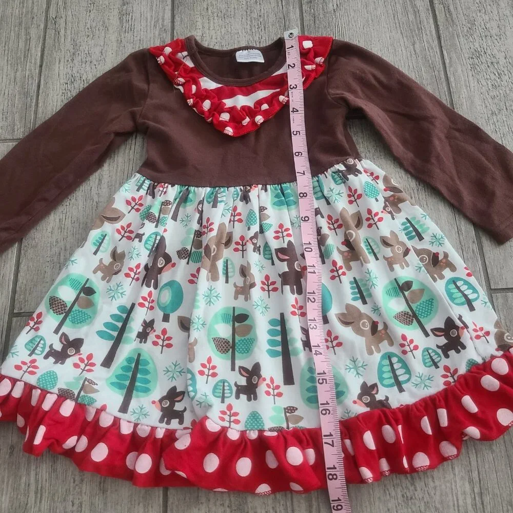 Girls Woodland Animals Ruffle Dress Brown Long Sleeve with Red Polka Dot Trim 2T